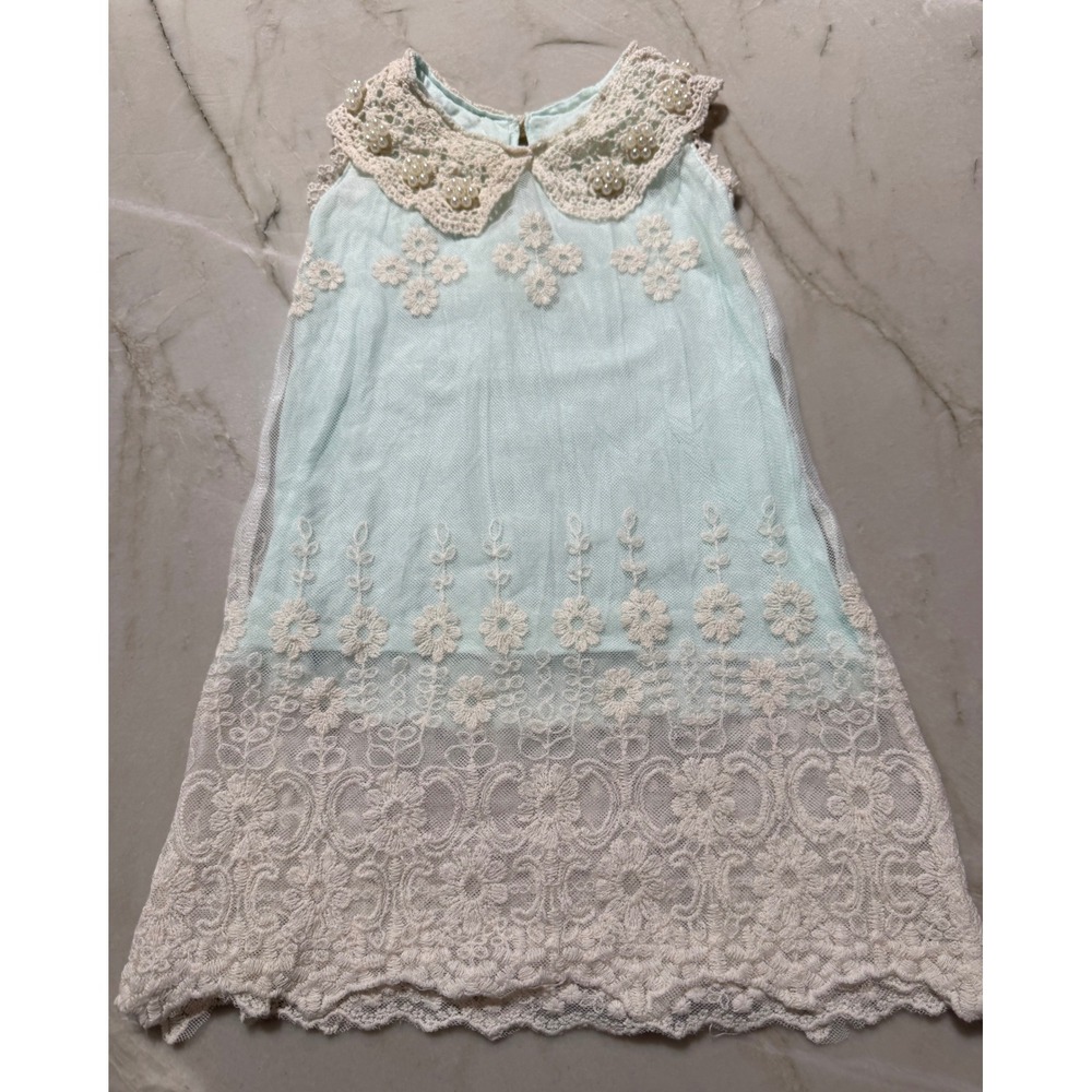 Vintage Girls Light Mint Blue Lace Dress Pearl Crochet Collar Overlay Size 6-12